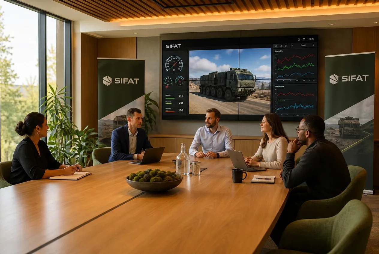SIFAT Team im modernen Meetingraum mit Video-Wall und SIFAT Roll-ups