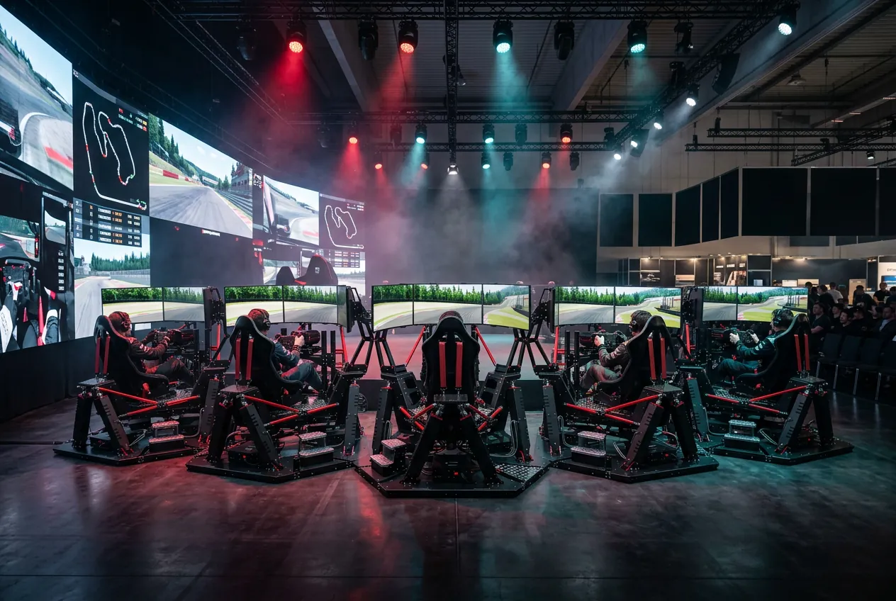 SIFAT Line 03 — mehrere 6-DOF Motion Simulatoren nebeneinander in einer Event-Halle beim Head-to-Head Racing